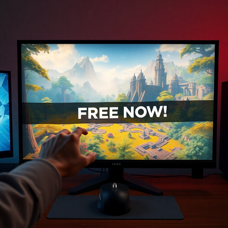 A vibrant, ultra-realistic screenshot of a high-fidelity AAA video game being displayed on a large gaming monitor, with a hand reaching for a mouse on a desk. The game features a fantastical open-world environment with lush forests and ancient ruins, cinematic lighting, and a 'FREE NOW!' banner subtly integrated into the screen, reflecting the excitement of a major game giveaway. Warm ambient light, highly detailed, 8k quality, photorealistic.