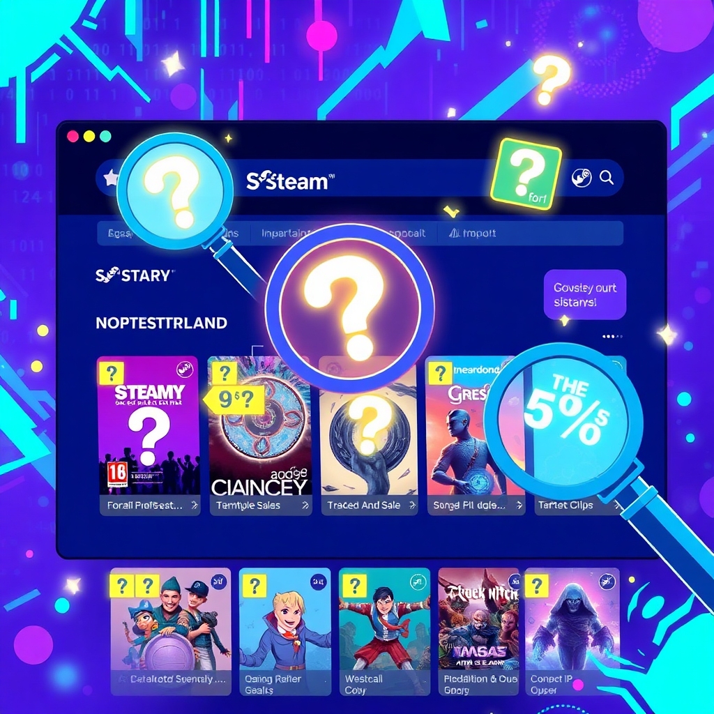 urgent - A vibrant, dynamic illustration of the Steam store interface during a 'mystery sale,' with various game covers parti