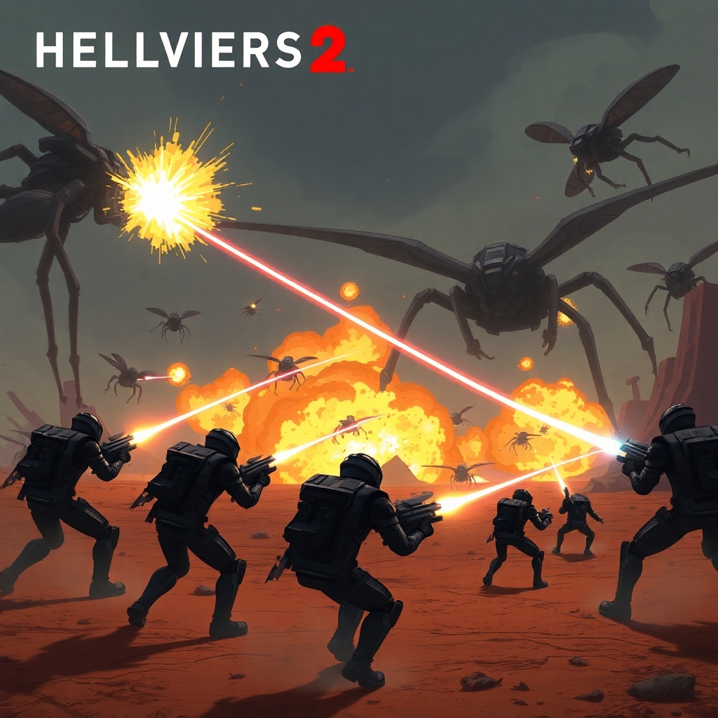 urgent - A dramatic, action-packed scene from 'Helldivers 2' showing a squad of Helldivers in futuristic armor battling giant