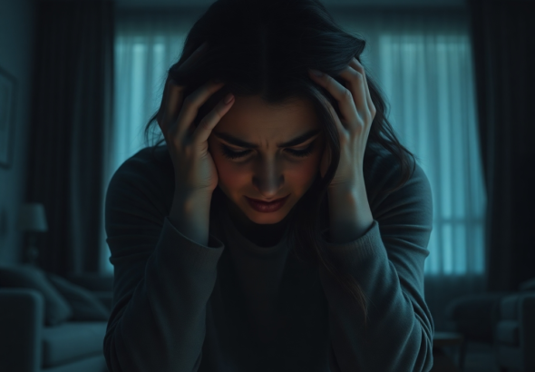 A woman with a distraught expression, holding her head in her hands, sitting alone in a dimly lit, modern apartment living room, surrounded by shadows, conveying immense guilt, stress, and isolation. The atmosphere is heavy and somber, with cool tones and soft, indirect light, cinematic atmosphere, ultra realistic, highly detailed, 8k quality, photorealistic