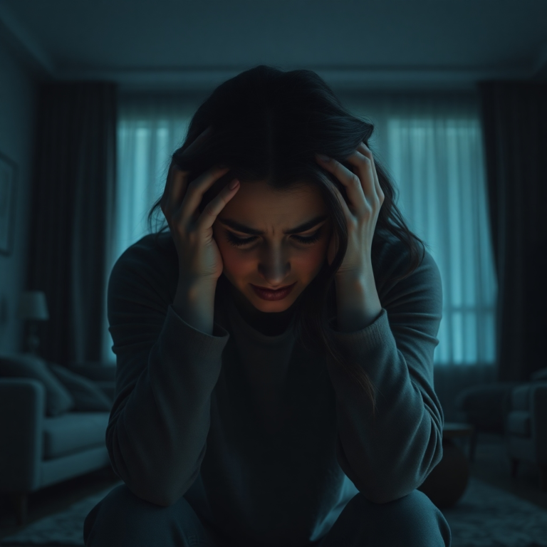 A woman with a distraught expression, holding her head in her hands, sitting alone in a dimly lit, modern apartment living room, surrounded by shadows, conveying immense guilt, stress, and isolation. The atmosphere is heavy and somber, with cool tones and soft, indirect light, cinematic atmosphere, ultra realistic, highly detailed, 8k quality, photorealistic