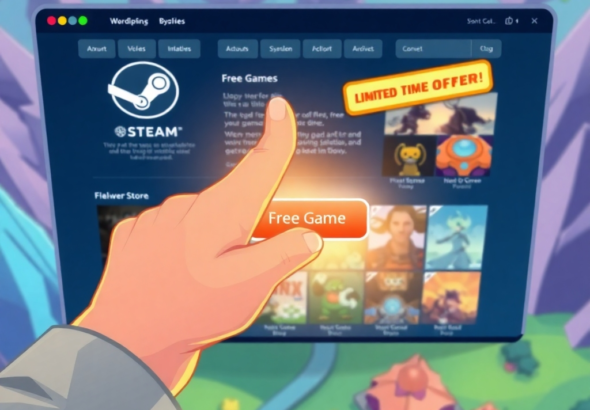 A vibrant, stylized illustration of a hand reaching out to click a 'Free Game' button on a Steam store page, surrounded by colorful game icons and a glowing 'Limited Time Offer' banner. The background is a digital landscape with subtle gaming elements, energetic, modern, high detail, digital art style, bright colors, gaming aesthetic.