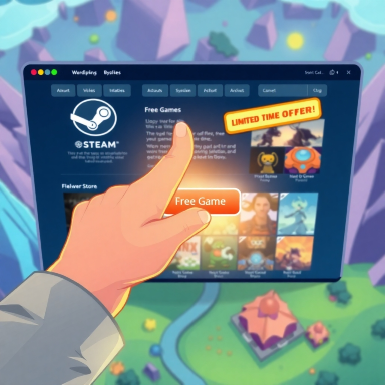 A vibrant, stylized illustration of a hand reaching out to click a 'Free Game' button on a Steam store page, surrounded by colorful game icons and a glowing 'Limited Time Offer' banner. The background is a digital landscape with subtle gaming elements, energetic, modern, high detail, digital art style, bright colors, gaming aesthetic.