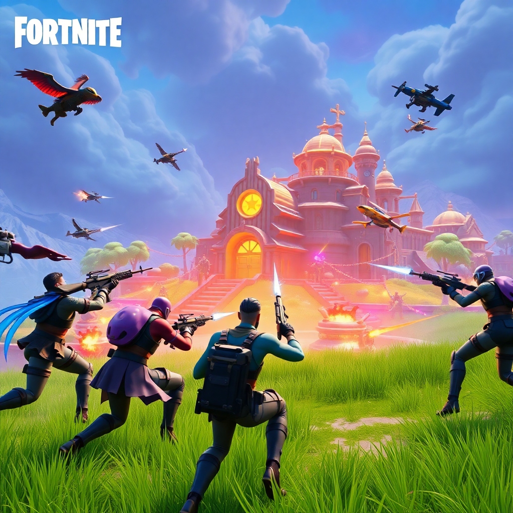 urgent - A dramatic, action-packed scene from Fortnite, featuring new character skins battling near a creatively designed new