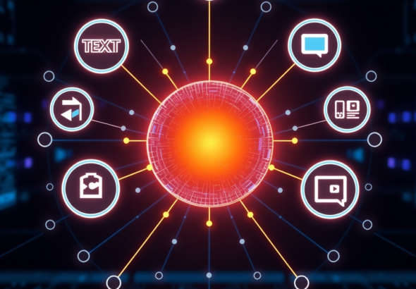 A futuristic AI interface displaying interconnected nodes representing text, image, audio, and video data streams converging into a central glowing sphere, symbolizing advanced multimodal reasoning. The background is dark with subtle neon blue and purple lights, conveying sophistication and complexity, ultra realistic, highly detailed, 8k quality, digital art