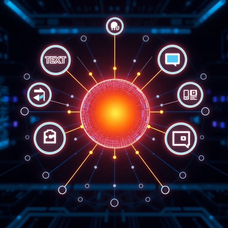 A futuristic AI interface displaying interconnected nodes representing text, image, audio, and video data streams converging into a central glowing sphere, symbolizing advanced multimodal reasoning. The background is dark with subtle neon blue and purple lights, conveying sophistication and complexity, ultra realistic, highly detailed, 8k quality, digital art