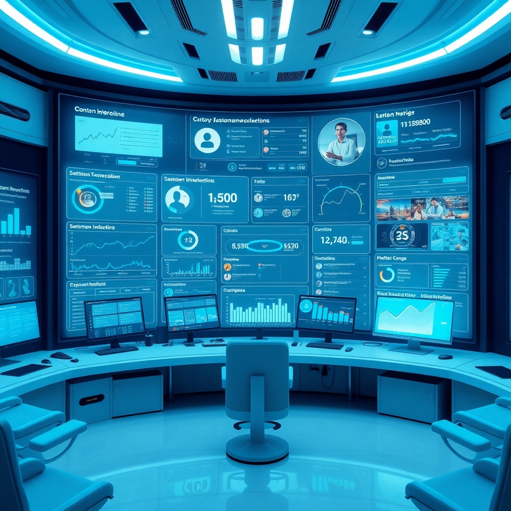 openais - A futuristic control room showing a large holographic display with various data points and analytics related to cus
