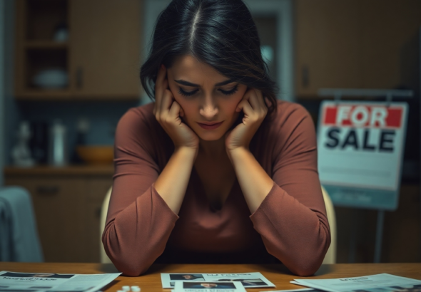 A woman sitting alone at a kitchen table, head in hands, looking distraught and overwhelmed, with scattered house-buying brochures and a 'for sale' sign blurred in the background, dimly lit, emotional, realistic, cinematic, high detail, 8k quality, photorealistic