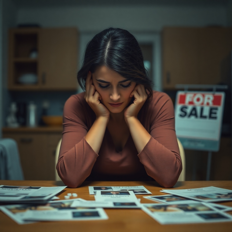 A woman sitting alone at a kitchen table, head in hands, looking distraught and overwhelmed, with scattered house-buying brochures and a 'for sale' sign blurred in the background, dimly lit, emotional, realistic, cinematic, high detail, 8k quality, photorealistic