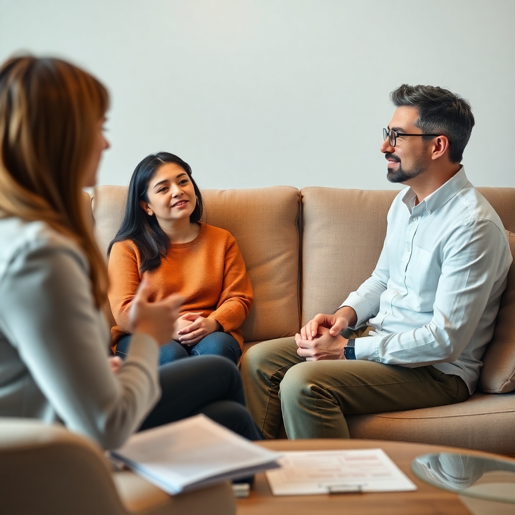 fianc - A couple sitting on a therapy couch, facing a warm and empathetic therapist, engaged in a serious but hopeful convers