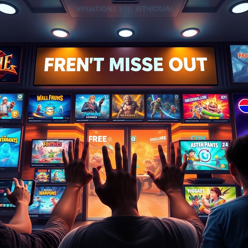 A vibrant digital storefront displaying multiple free game titles with a prominent 'Dont Miss Out' banner, glowing interfaces, diverse game art styles, excited gamers hands reaching towards screens, modern UI design, high resolution, cinematic atmosphere, ultra realistic, highly detailed, 8k quality, photorealistic
