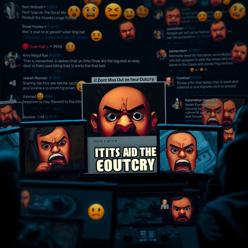 An intense gaming forum screenshot filled with angry player comments and emojis, a controversial game update patch notes visi