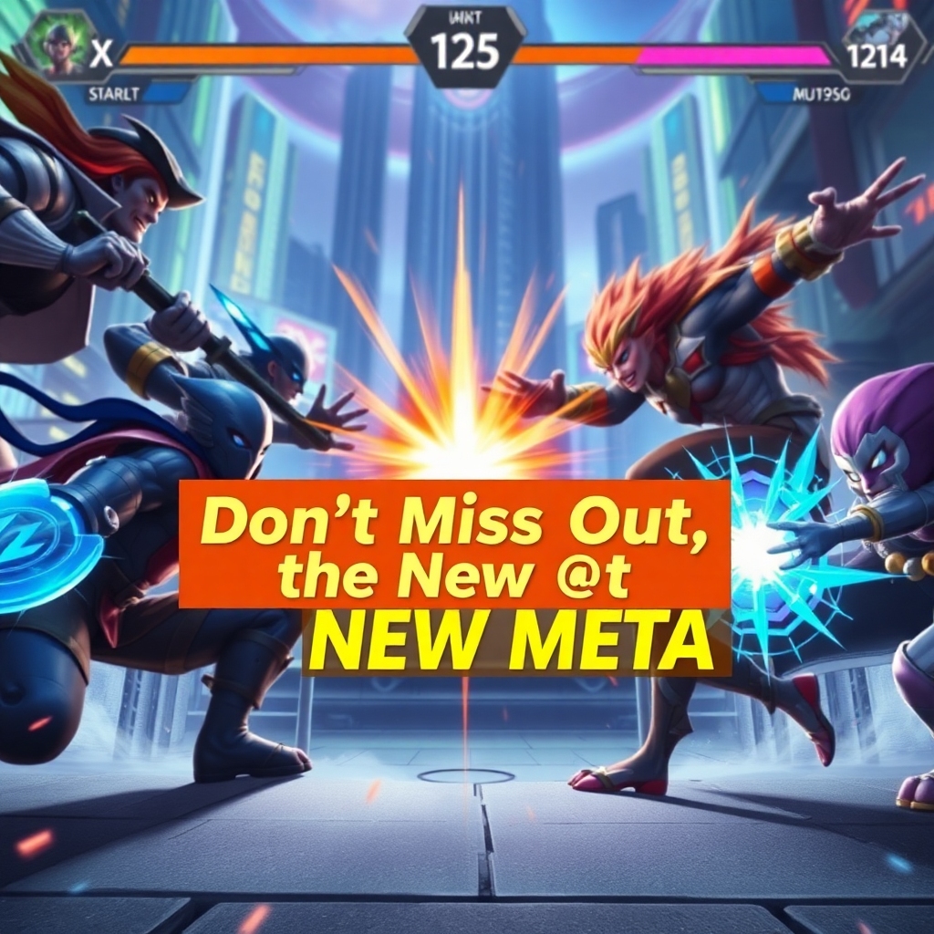A dynamic action game scene showing characters with new, unbalanced abilities clashing, a 'Dont Miss Out on the New Meta' ove