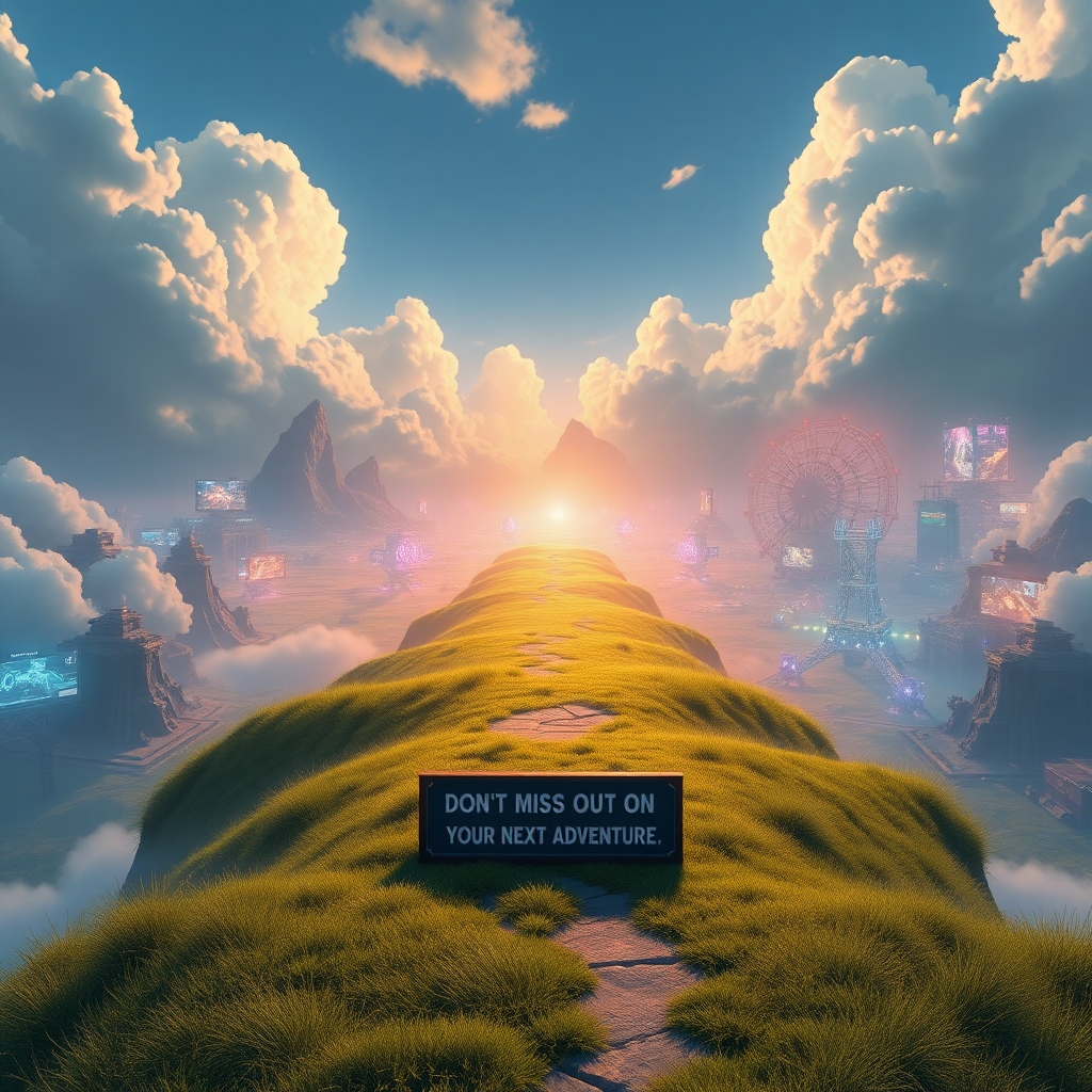 A panoramic view of a diverse gaming landscape, showing both free-to-play options and intense competitive AAA scenes, a path