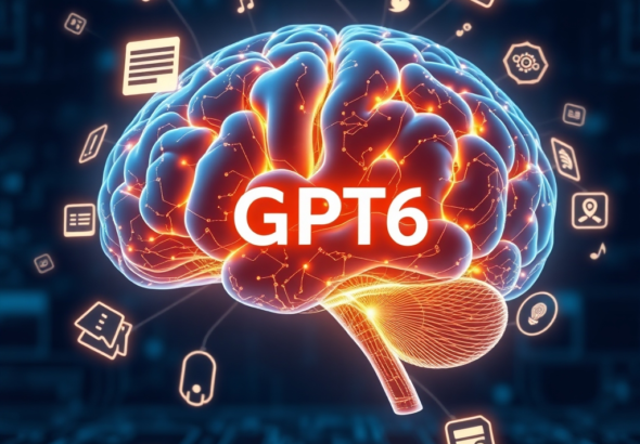 A futuristic, sleek holographic brain glowing with intricate neural pathways and data streams, symbolizing the Openais Gpt6 Launch. The brain is surrounded by floating icons representing text, images, audio, and video, against a deep blue, technologically advanced background. High detail, cinematic lighting, 8k quality, digital art, photorealistic.