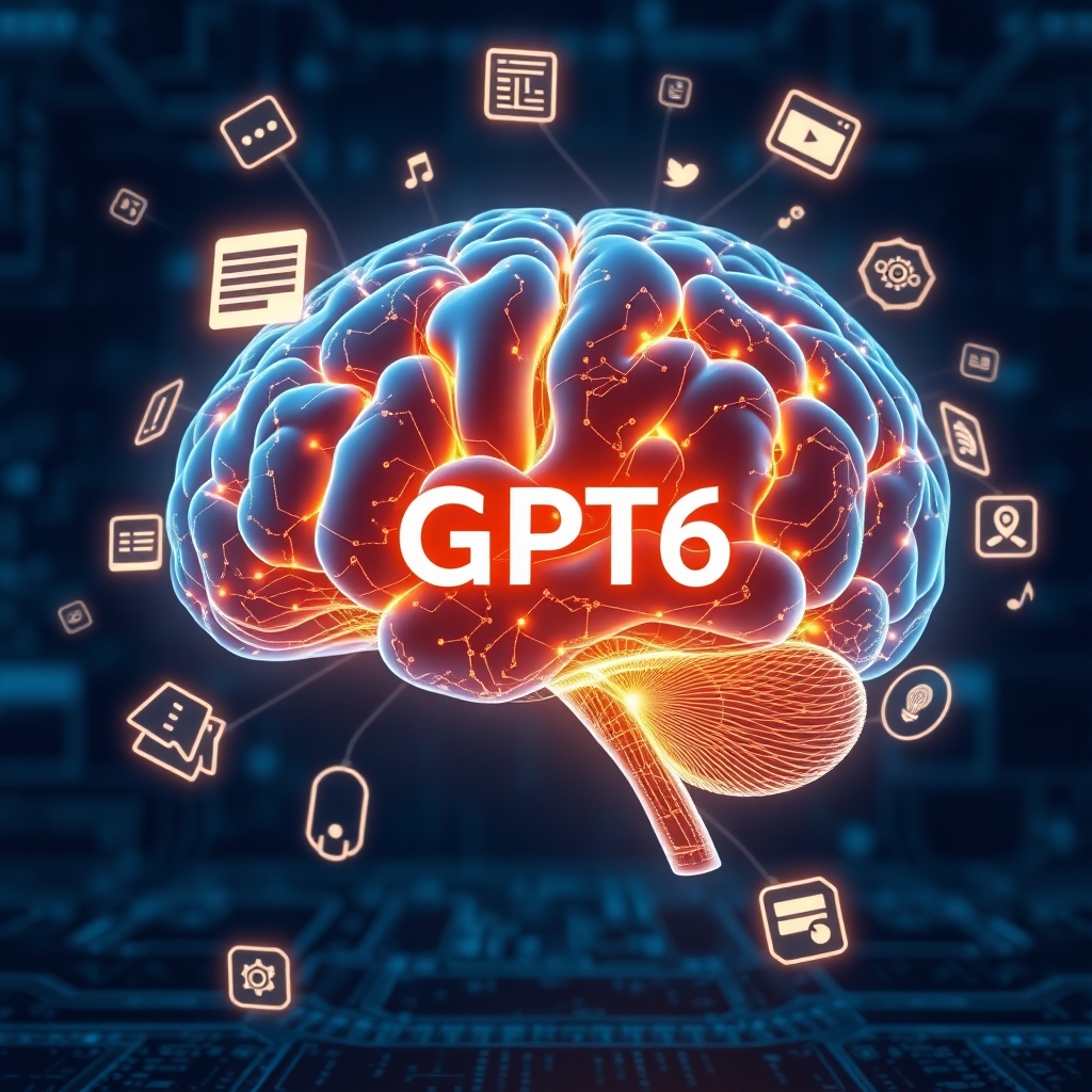 A futuristic, sleek holographic brain glowing with intricate neural pathways and data streams, symbolizing the Openais Gpt6 Launch. The brain is surrounded by floating icons representing text, images, audio, and video, against a deep blue, technologically advanced background. High detail, cinematic lighting, 8k quality, digital art, photorealistic.