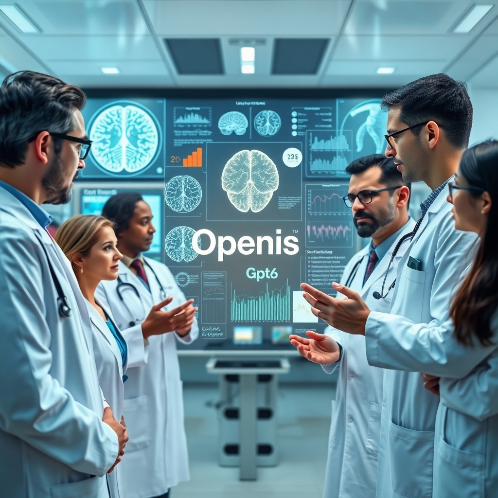 A diverse group of doctors and researchers collaborating around a holographic projection of complex medical data, including b