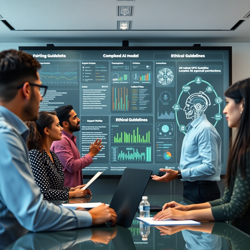 A diverse group of AI ethicists and developers working collaboratively at a large, interactive display showing complex AI mod