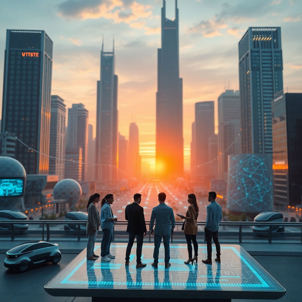 A futuristic cityscape at dawn, with glowing data lines connecting various buildings and autonomous vehicles. In the foregrou