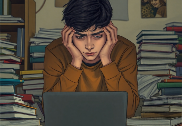 A young college student looking overwhelmed and stressed, sitting amidst a pile of textbooks and a laptop, head in hands, with a dark, anxious expression. The room is messy, reflecting mental distress. Warm, soft lighting, realistic art style, cinematic, high detail, 8k quality.