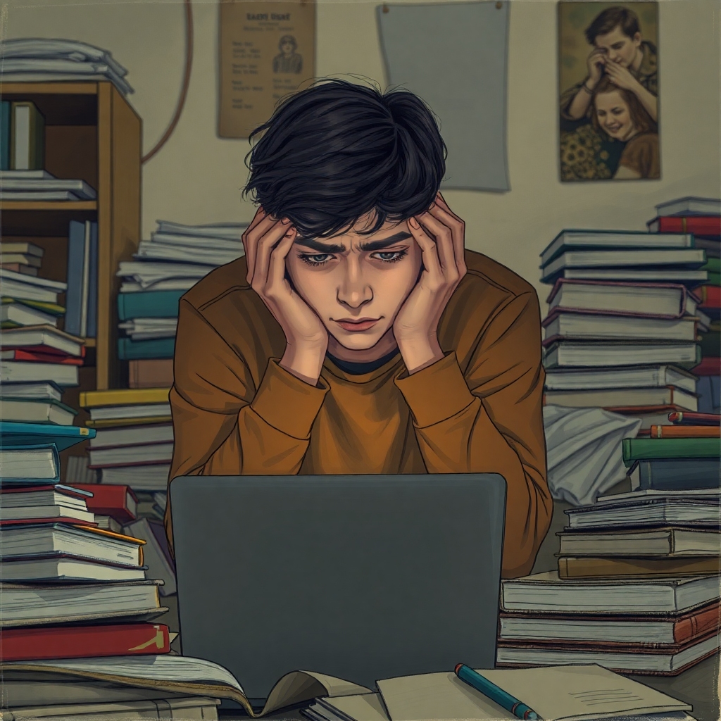 A young college student looking overwhelmed and stressed, sitting amidst a pile of textbooks and a laptop, head in hands, with a dark, anxious expression. The room is messy, reflecting mental distress. Warm, soft lighting, realistic art style, cinematic, high detail, 8k quality.