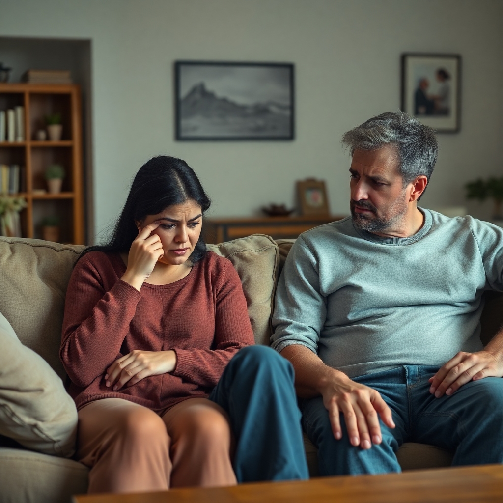 tifu - A couple sitting on a sofa, one person looking distressed and tearful while the other listens with a look of hurt and