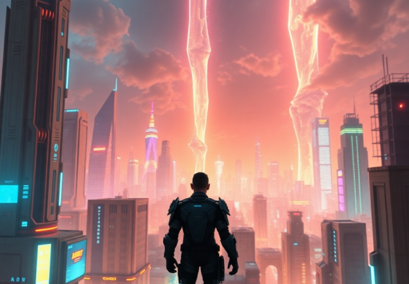 A vibrant, futuristic cityscape with glowing neon lights and towering skyscrapers, a lone protagonist in a sleek, armored suit stands on a rooftop overlooking the temporal rifts tearing through the sky, cinematic atmosphere, ultra realistic, highly detailed, 8k quality, photorealistic, depicting the game Chronos Rift