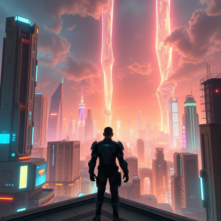 A vibrant, futuristic cityscape with glowing neon lights and towering skyscrapers, a lone protagonist in a sleek, armored suit stands on a rooftop overlooking the temporal rifts tearing through the sky, cinematic atmosphere, ultra realistic, highly detailed, 8k quality, photorealistic, depicting the game Chronos Rift