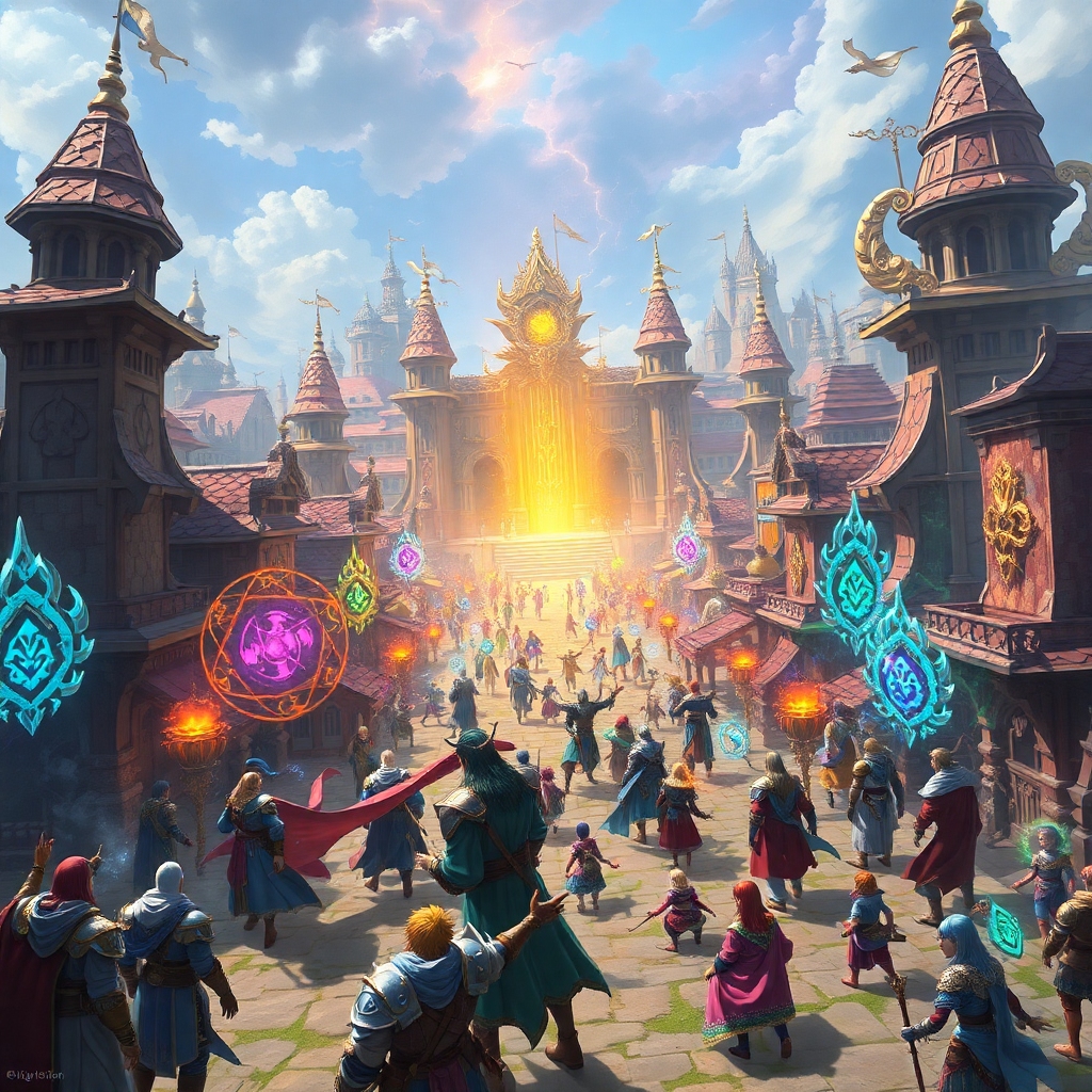 A bustling fantasy city in Aetheria Online, filled with diverse player characters in intricate armor and robes, magical effec