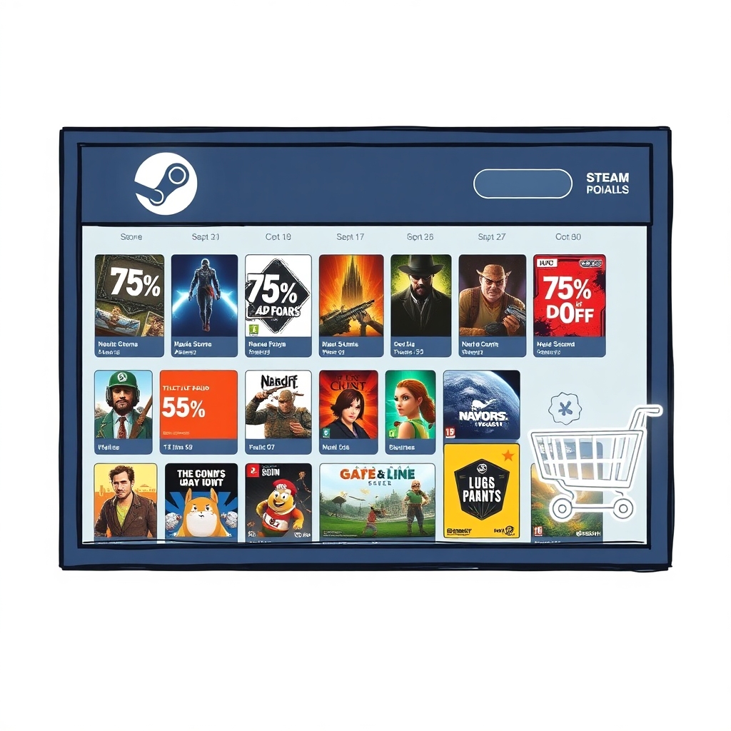 A digital storefront interface resembling Steam, displaying numerous game covers with prominent discount percentages (e.g., 7