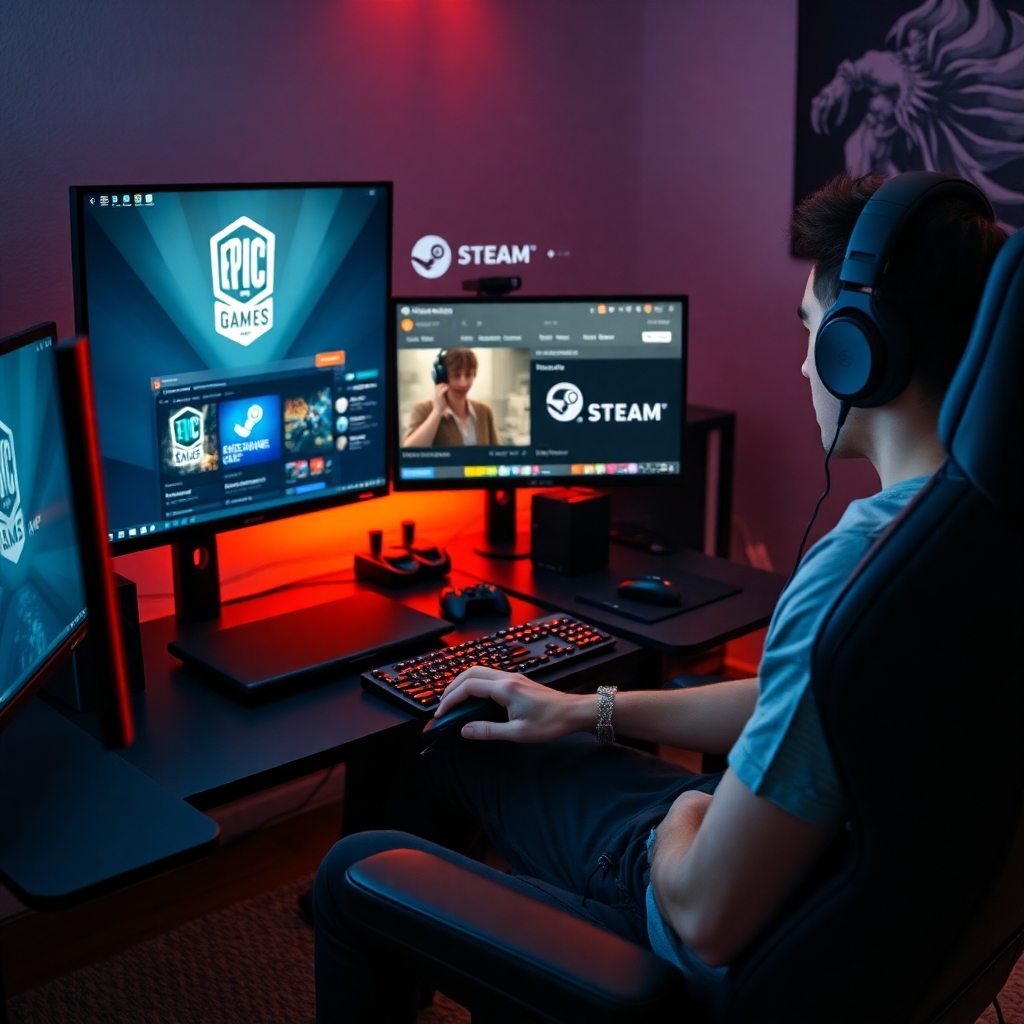 A gamer's setup with multiple monitors displaying various game launchers (Epic Games Store, Steam), a comfortable gaming chai