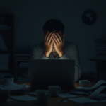 A person sitting alone at a dimly lit desk, illuminated only by the glow of a laptop screen, hands covering their face in anguish. The room is messy with discarded papers and coffee cups, reflecting a sense of isolation and stress. The mood is somber, desperate, ultra realistic, highly detailed, 8k quality, photorealistic