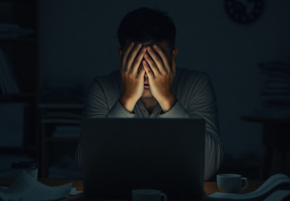 A person sitting alone at a dimly lit desk, illuminated only by the glow of a laptop screen, hands covering their face in anguish. The room is messy with discarded papers and coffee cups, reflecting a sense of isolation and stress. The mood is somber, desperate, ultra realistic, highly detailed, 8k quality, photorealistic