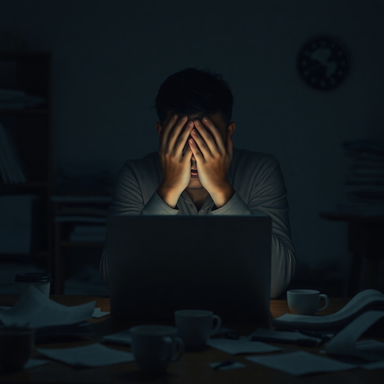 A person sitting alone at a dimly lit desk, illuminated only by the glow of a laptop screen, hands covering their face in anguish. The room is messy with discarded papers and coffee cups, reflecting a sense of isolation and stress. The mood is somber, desperate, ultra realistic, highly detailed, 8k quality, photorealistic