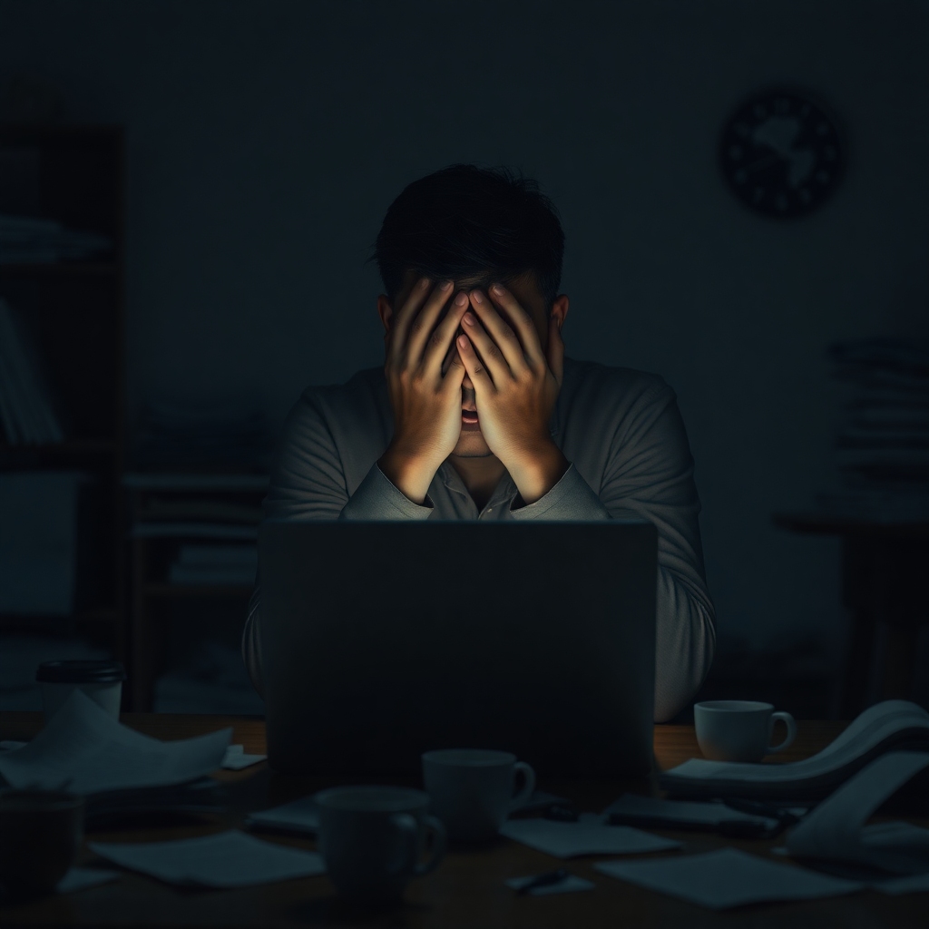 A person sitting alone at a dimly lit desk, illuminated only by the glow of a laptop screen, hands covering their face in anguish. The room is messy with discarded papers and coffee cups, reflecting a sense of isolation and stress. The mood is somber, desperate, ultra realistic, highly detailed, 8k quality, photorealistic