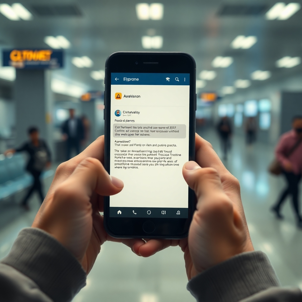 confession - A close-up shot of a smartphone screen displaying a flight confirmation email, with blurred hands nervously clut