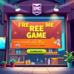 A vibrant, stylized digital storefront displaying a prominent 'Free Game' banner for a popular, colorful indie game, with many glowing user reviews and a download button. The background features a subtle Epic Games logo, dynamic lighting, and a sense of excitement, ultra realistic, highly detailed, 8k quality, digital art