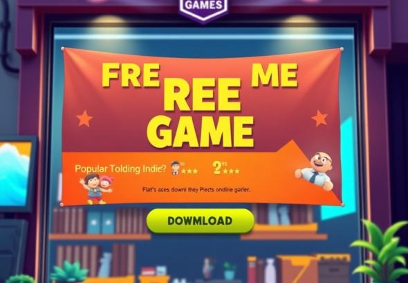 A vibrant, stylized digital storefront displaying a prominent 'Free Game' banner for a popular, colorful indie game, with many glowing user reviews and a download button. The background features a subtle Epic Games logo, dynamic lighting, and a sense of excitement, ultra realistic, highly detailed, 8k quality, digital art