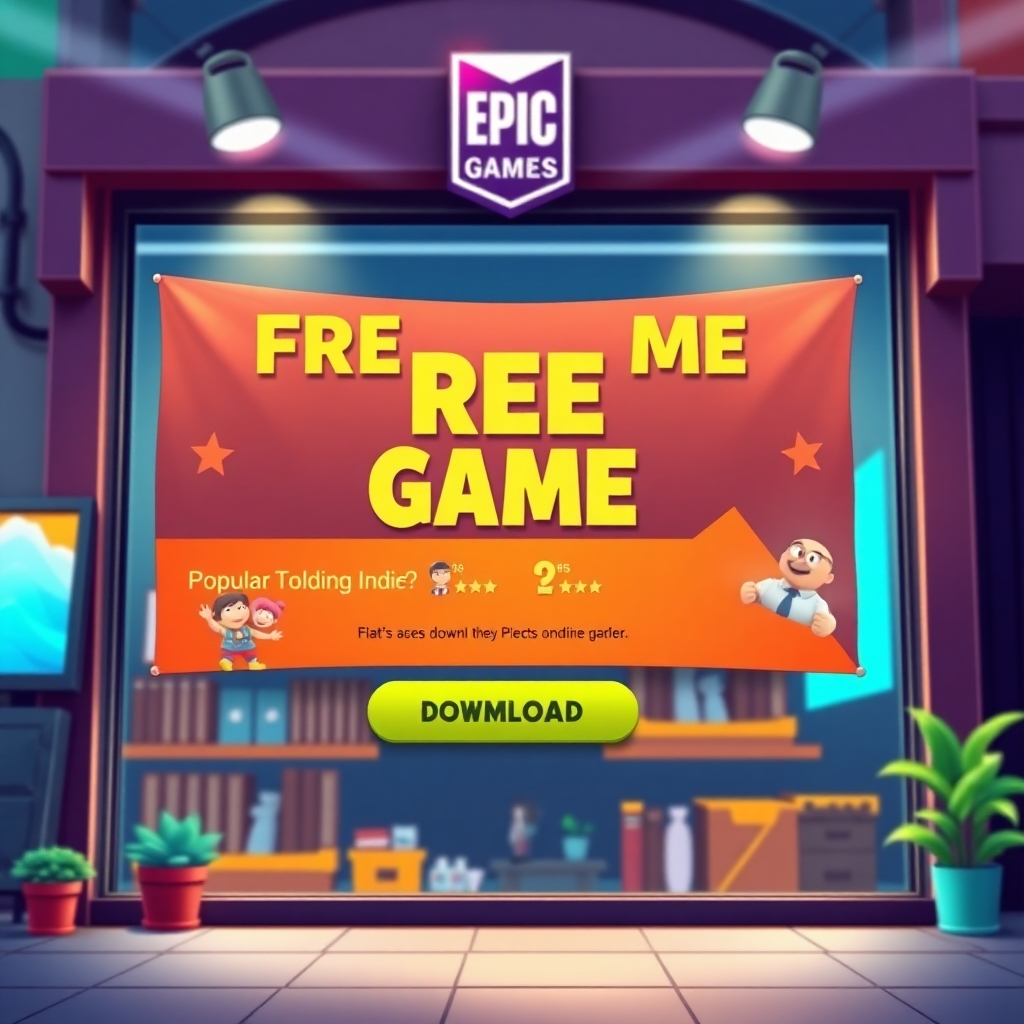 A vibrant, stylized digital storefront displaying a prominent 'Free Game' banner for a popular, colorful indie game, with many glowing user reviews and a download button. The background features a subtle Epic Games logo, dynamic lighting, and a sense of excitement, ultra realistic, highly detailed, 8k quality, digital art