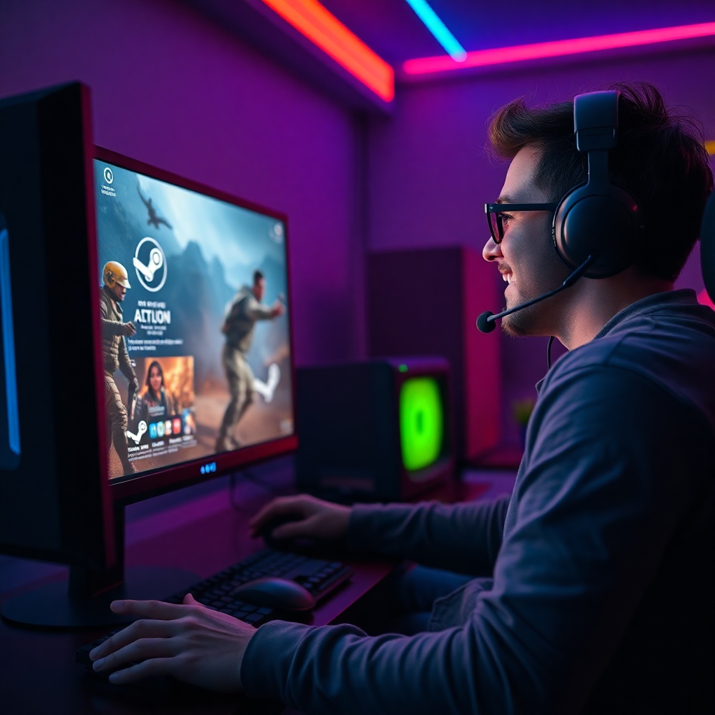 epic - A gamer enthusiastically playing a popular action-adventure game on a PC, with the Steam overlay visible. The screen s