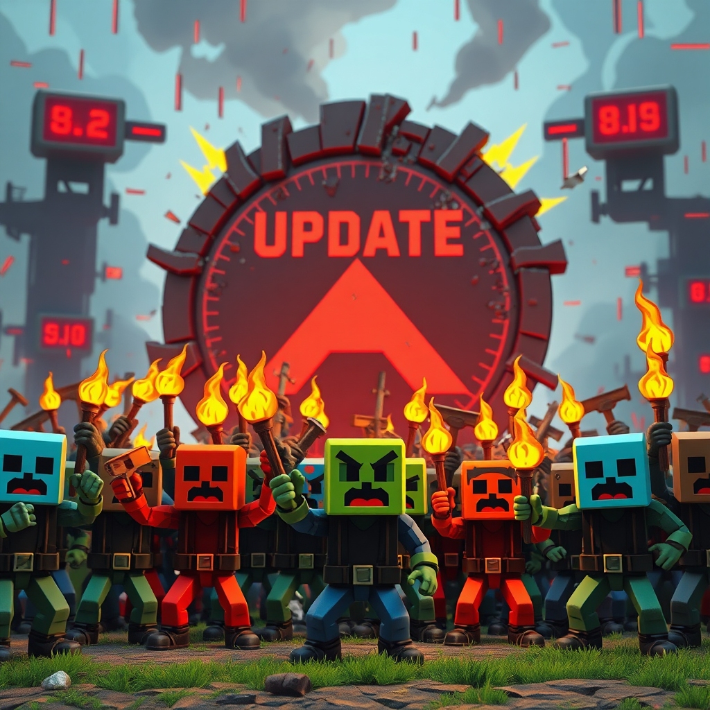 epic - A highly stylized, angry mob of pixelated video game characters, wielding pitchforks and torches, protesting in front
