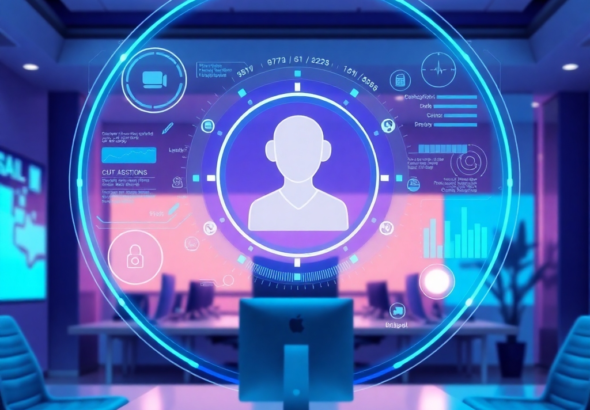 futuristic holographic interface displaying complex data and a sentient AI assistant icon, glowing blue and purple tones, sleek minimalist design, professional office environment, high-tech, ultra realistic, cinematic lighting, 8k quality, photorealistic
