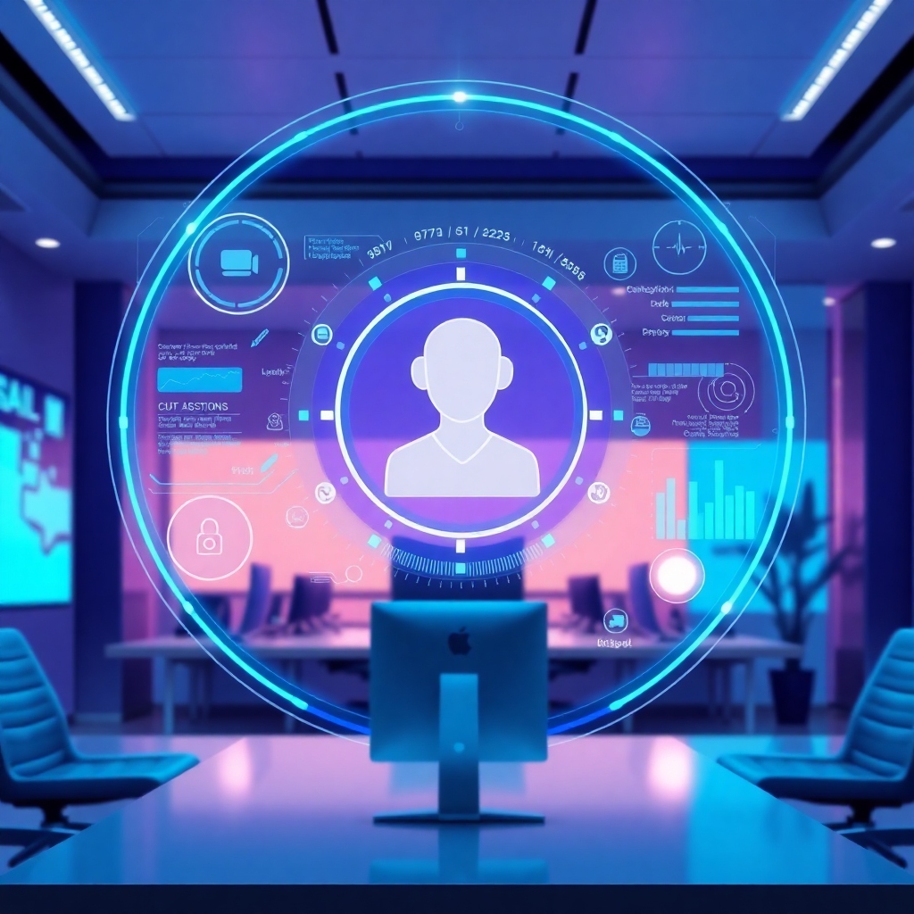 futuristic holographic interface displaying complex data and a sentient AI assistant icon, glowing blue and purple tones, sleek minimalist design, professional office environment, high-tech, ultra realistic, cinematic lighting, 8k quality, photorealistic