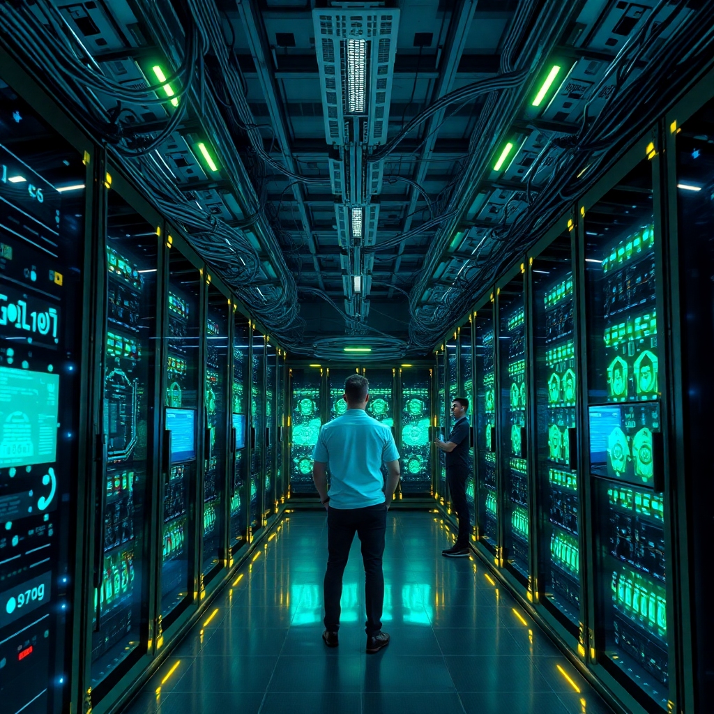 openais - futuristic data center with glowing servers and intricate network cables, security guards monitoring advanced holog