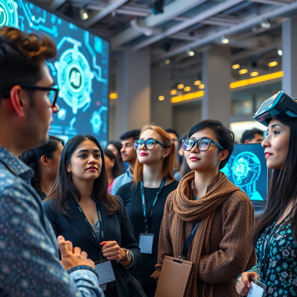 openais - diverse group of people attending a future-tech conference, engaging with interactive AI displays and augmented rea