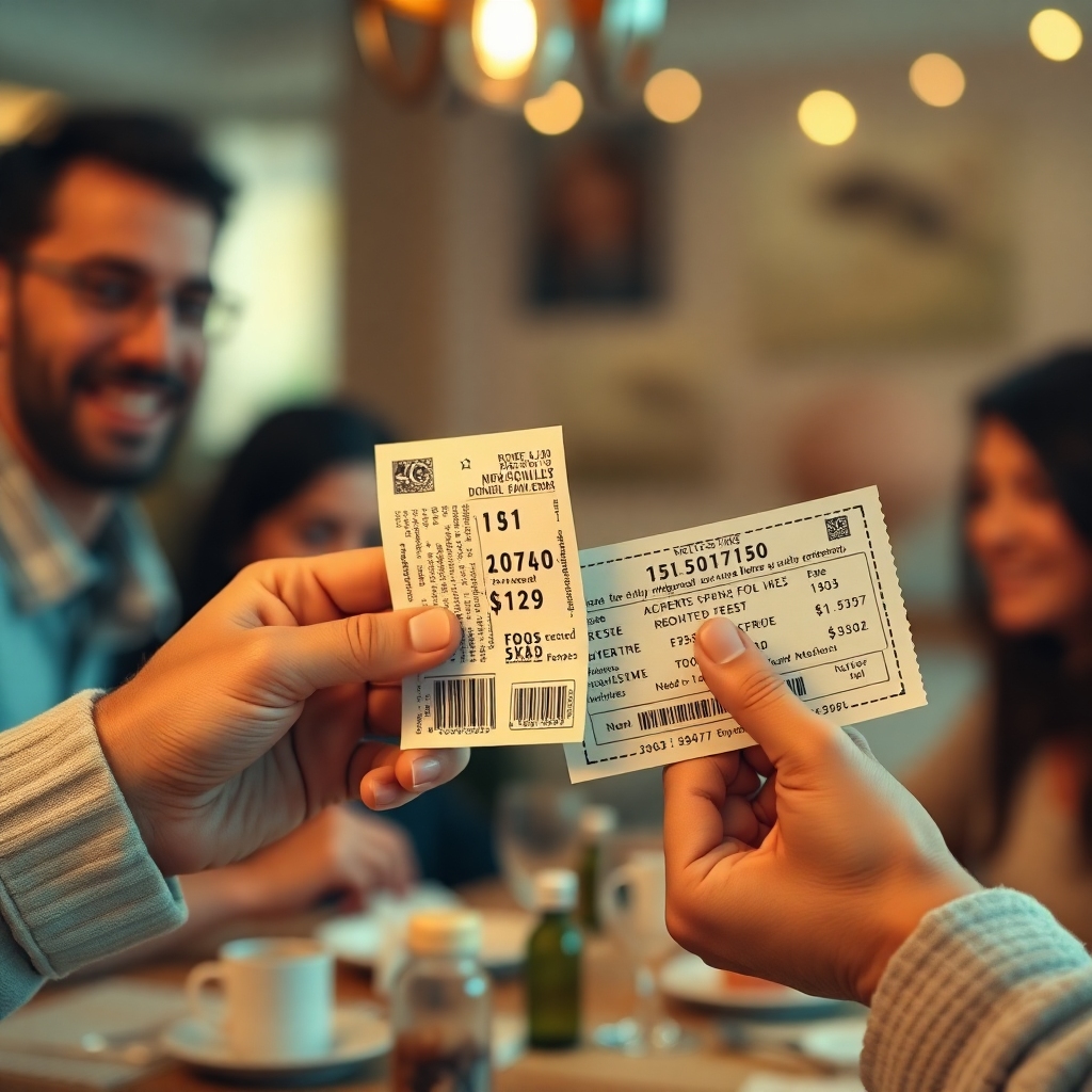 A close-up of two lottery tickets being accidentally swapped between hands, one hand reaching out, the other retracting, blurred background of a lively family gathering, warm lighting, slightly anxious mood, ultra realistic, highly detailed, 8k quality, photorealistic, accidental swap of tickets