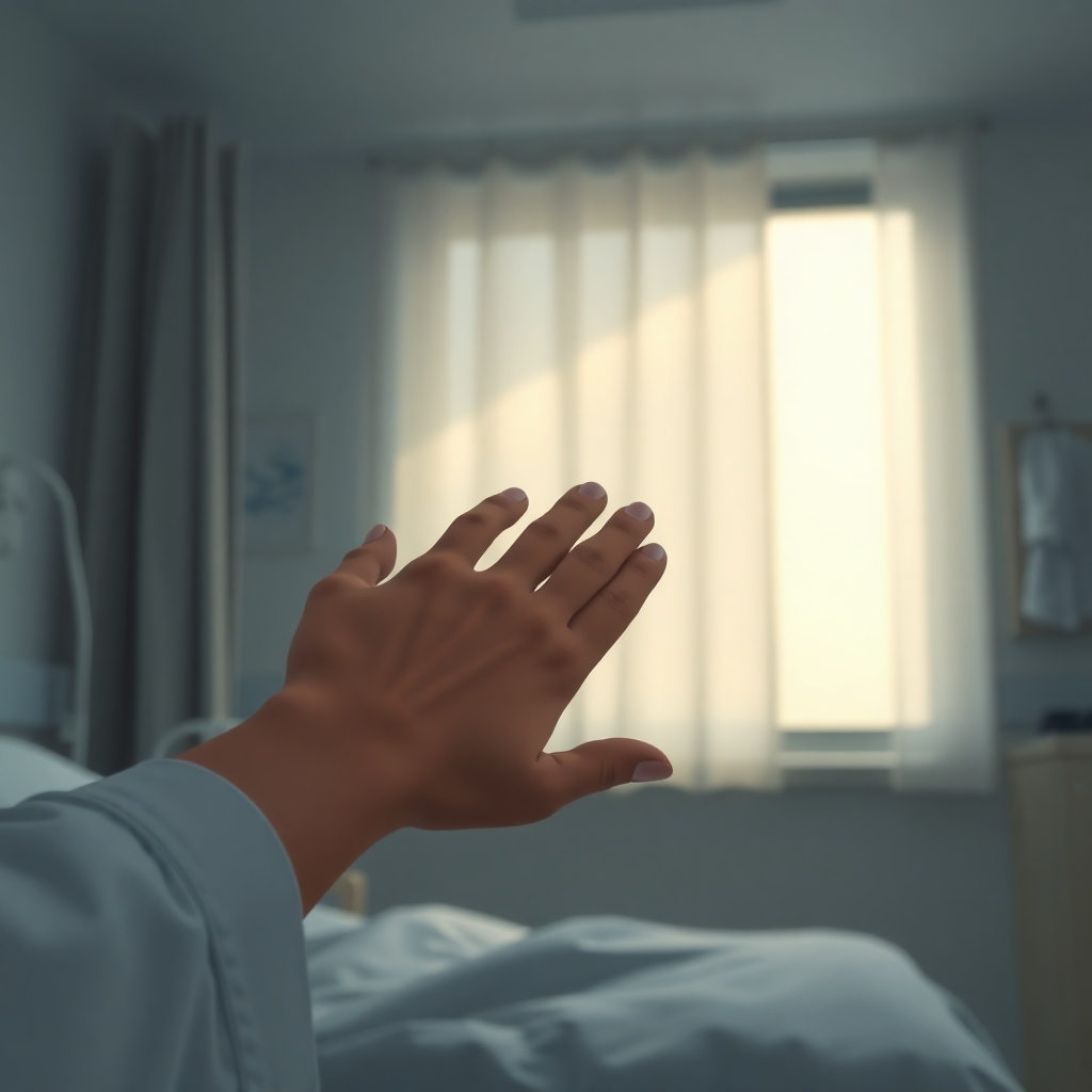 accidentally - A somber hospital room, soft natural light filtering through a window, a hand gently holding another, symboliz