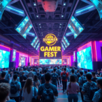 A vibrant, futuristic gaming convention hall with holographic displays showcasing new game trailers, diverse gamers cheering and interacting, bright neon lights, cinematic atmosphere, ultra realistic, highly detailed, 8k quality, photorealistic, featuring the 'Summer Game Fest' logo subtly integrated into a screen