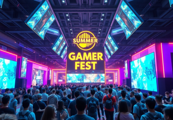A vibrant, futuristic gaming convention hall with holographic displays showcasing new game trailers, diverse gamers cheering and interacting, bright neon lights, cinematic atmosphere, ultra realistic, highly detailed, 8k quality, photorealistic, featuring the 'Summer Game Fest' logo subtly integrated into a screen