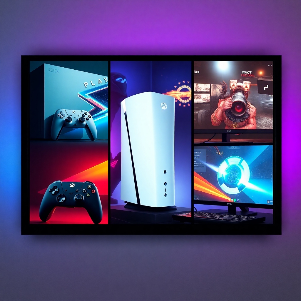 A split-screen image representing the three major gaming platforms: one panel showing a sleek Xbox console and controller wit